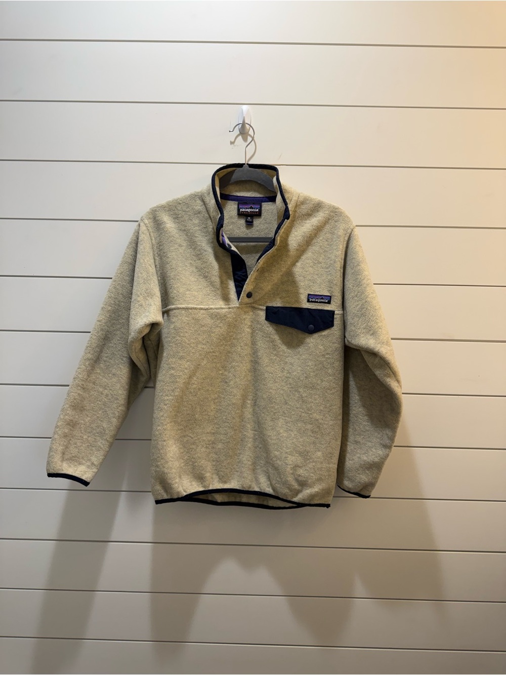 Patagonia Men’s Cream Fleece Zip-Up with Navy Trim